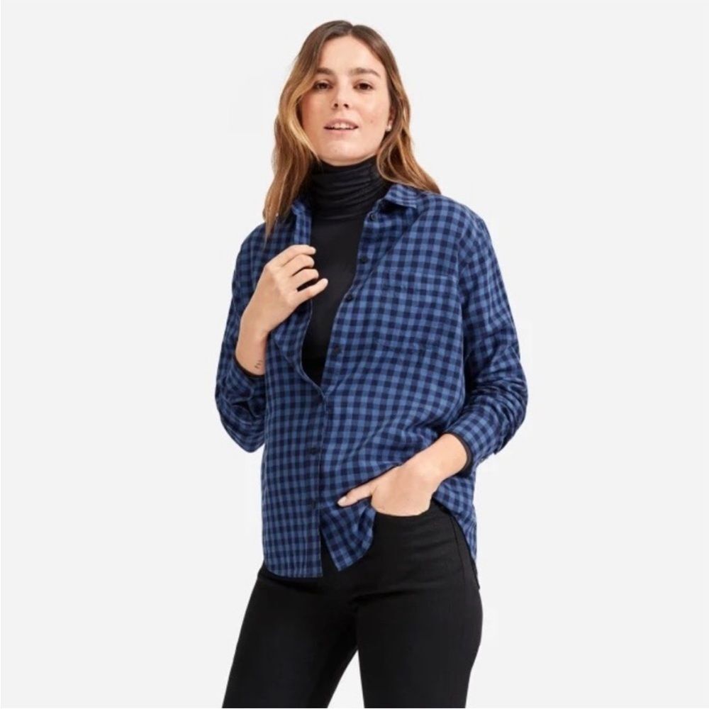 Everlane Blue Buffalo Plaid Button Up Long Sleeve Top